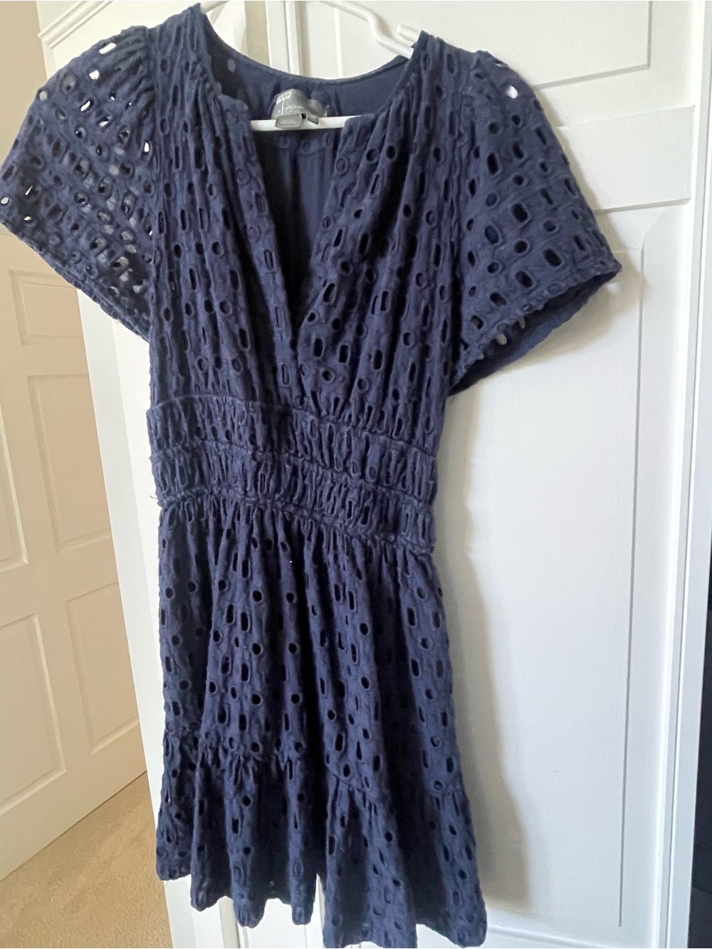 Anthropologie Navy Eyelet V-Neck Short Dress